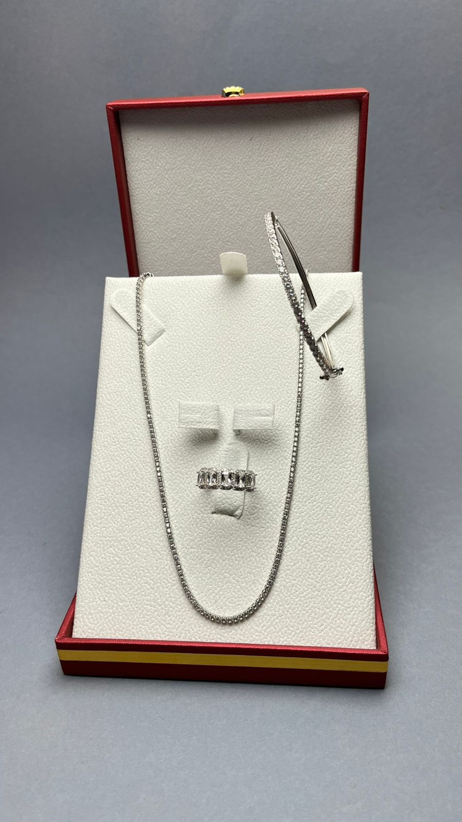 طقم فضة 925 فاخر — سلسلة + Bracelet Rivière + خاتم مرصع