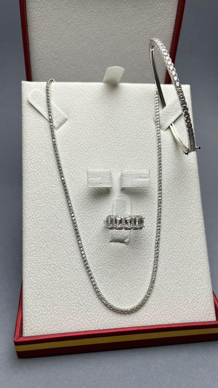 طقم فضة 925 فاخر — سلسلة + Bracelet Rivière + خاتم مرصع